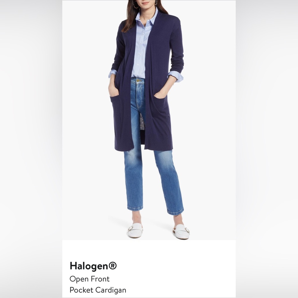 Halogen Navy Front Open Cashmere Blend Cardigan with Pockets - Small - Picture 7 of 8